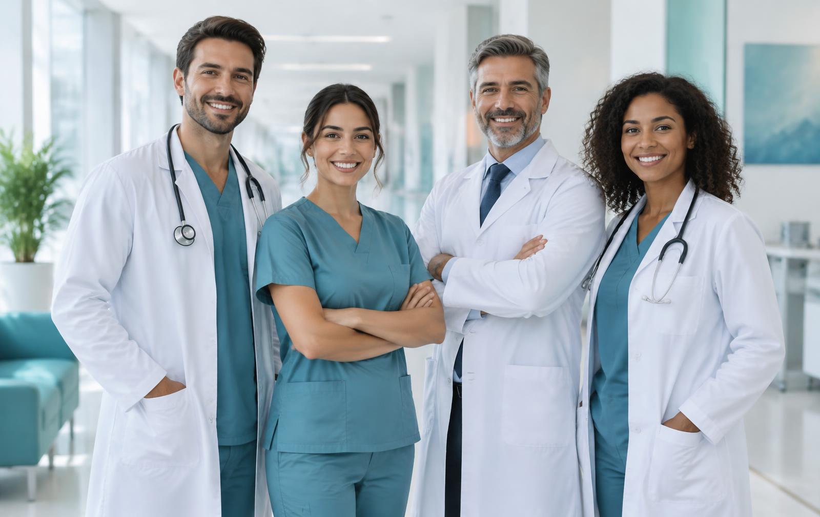 Equipe médica multidisciplinar em ambiente clínico