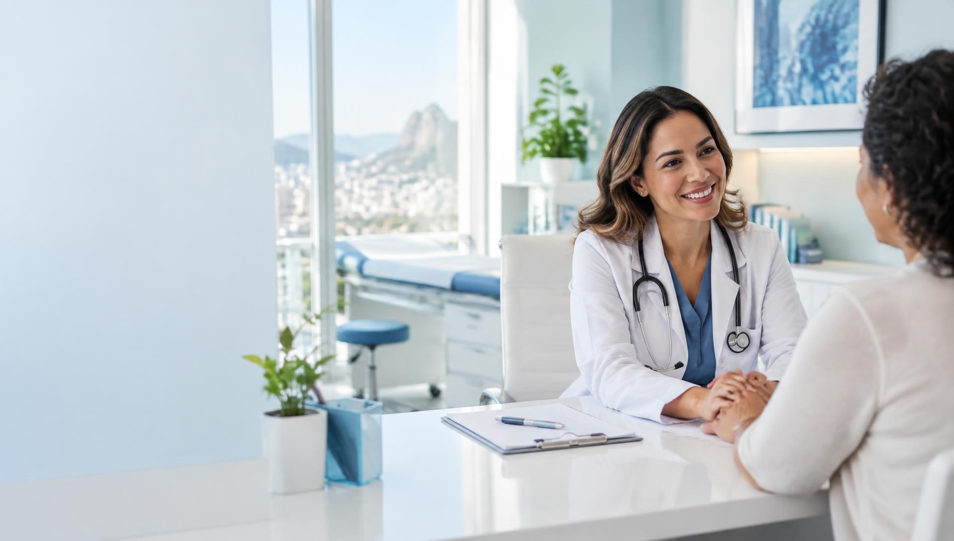 Médica atendendo uma paciente em consultório moderno